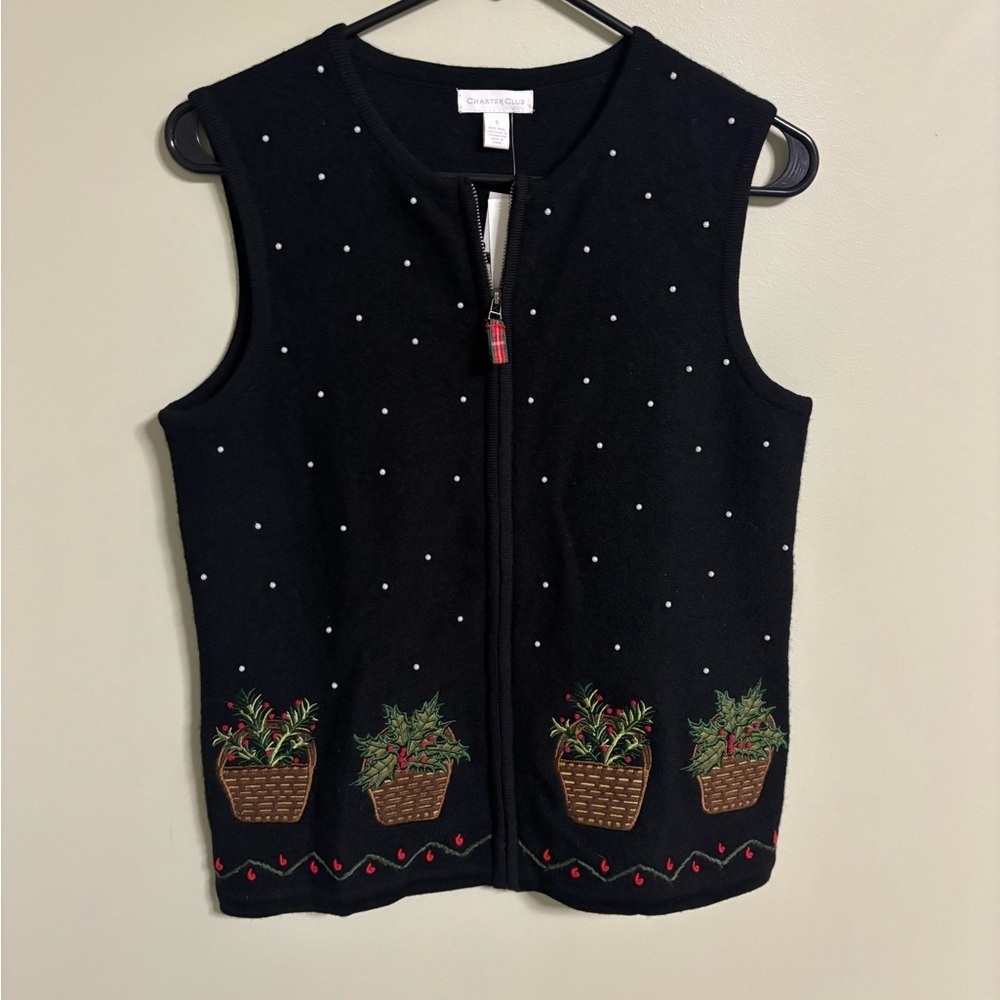 Charter Club Black Zip Wool Christmas Sweater Vest Size Small Pearl Holly New